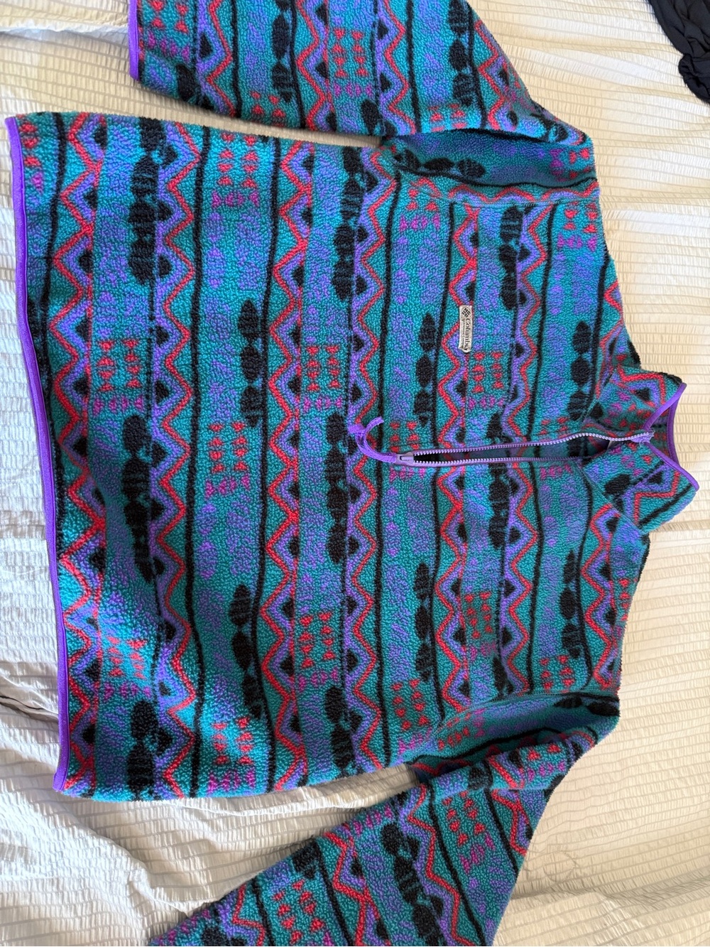Fleece Ski Pullover Jacket - Teal & Purple Pattern